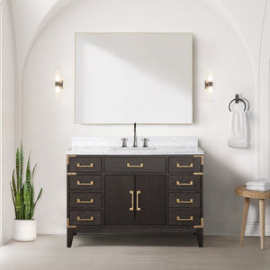 English Elm Brown Oak 48 in Single Bath Vanity with Polished Carrara Marble Top, Chrome Faucet & 46 in Mirror B2731S02014