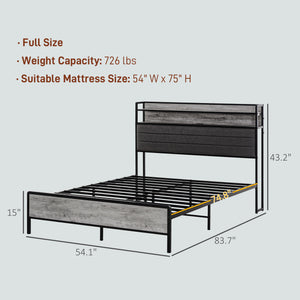 English Elm HOMCOM Full Size Bed Frame with LED RGB Headboard, Built-In Charging Station and 3-Tier Shelf Gray W2225P249915