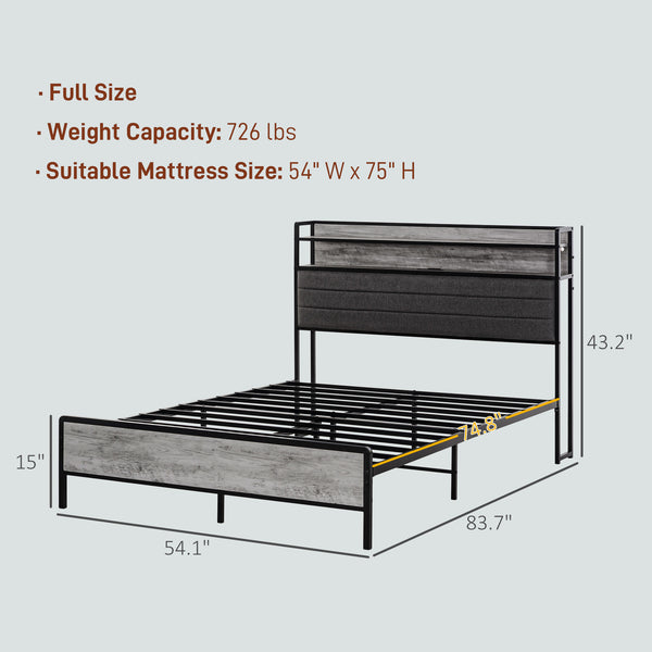 English Elm HOMCOM Full Size Bed Frame with LED RGB Headboard, Built-In Charging Station and 3-Tier Shelf Gray W2225P249915