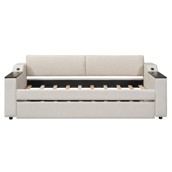 English Elm Twin Upholstery Daybed with Trundle, Storage Arms & USB Charging, Beige Linen, Durable Pine Frame SM000547AAA