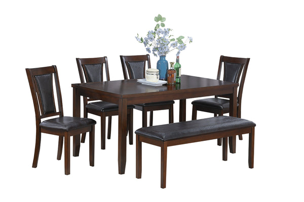 English Elm Beautiful Walnut/Black 6-Piece Dining Set with Bench and Cushioned Faux Leather Chairs, Modern Elegance B011P291548