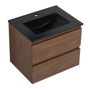 English Elm 24" Wall-Mounted Bathroom Vanity With Black Ceramic Sink & 2 Soft-Close Drawers For Stylish Storage W999S00193