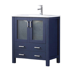 English Elm Navy Blue Bath Vanity 30” W, Contemporary White Ceramic Top & Chrome Faucet Set For Stylish Storage B2731P260511