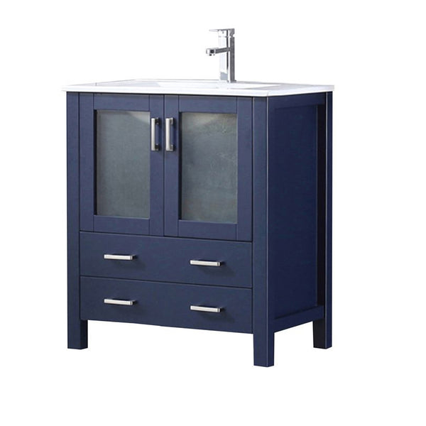 English Elm Navy Blue Bath Vanity 30” W, Contemporary White Ceramic Top & Chrome Faucet Set For Stylish Storage B2731P260511