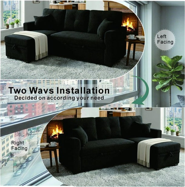 English Elm Sleeper Sectional with Pull Out Bed Reversible Chaise Storage Black Polyester Sofa W5568S00040