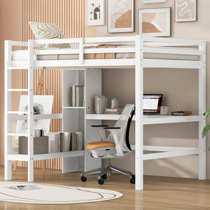 English Elm Full Size Loft Bed With Under-Bed Desk & Multifunction Shelves - Space-Saving White Design For Teens N7090005004K