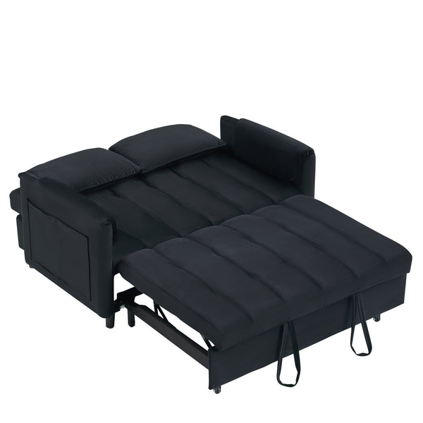 English Elm 52 Black Modern Velvet Sofa Bed 3-in-1 Convertible Loveseat with Pillows, Pockets, Metal Legs, 500lb Capacity W1658P266335