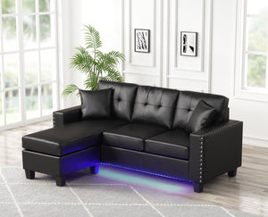 English Elm Sorenza Luxurious Reversible Sectional Sofa Chaise with LED Ambiance, USB Port, Tufted Comfort and Nailhead Accents Black B061P284876