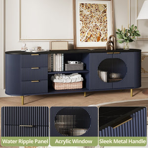 English Elm 65 Inch Fluted Media Console with Marble Look Top Gold Hardware Natural Finish Blue T5618P448227