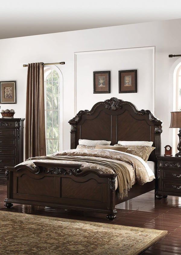 English Elm Traditional Queen Bed Scalloped Crown Headboard Carved Scrollwork Antique Cherry Finish B011S02134