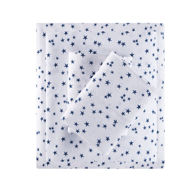 JLA Home Intelligent Design - 100% Cotton flannel sheet set with pigment-dyed vintage color, ultra-soft warmth, breathable comfort Blue Stars ID20-1539