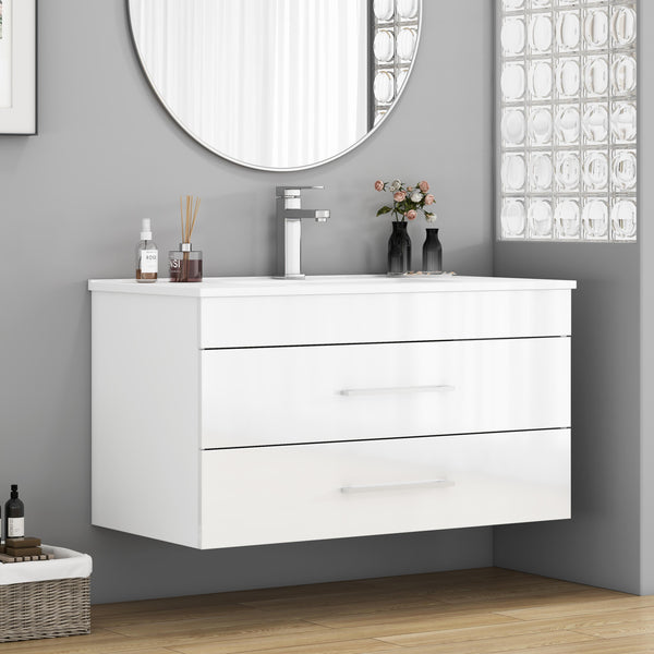 English Elm 36-Inch Modern Wall-Mounted Bathroom Vanity With Soft-Close Drawers & Glossy White Ceramic Sink W3151S00050