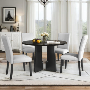 English Elm 5-Piece Round Dining Set with 43" Modern MDF Table and 4 Upholstered Fabric Chairs for Compact Spaces Beige+Black N752S001055A