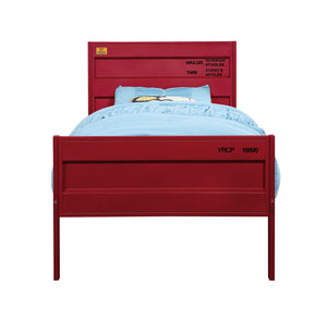 English Elm Cargo Red Metal Full Bed Frame with Cargo-Style Recessed Panels, 21 Slats, Low Profile Locking Design B2726P305865