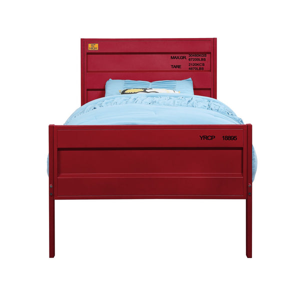 English Elm Cargo Red Metal Full Bed Frame with Cargo-Style Recessed Panels, 21 Slats, Low Profile Locking Design B2726P305865
