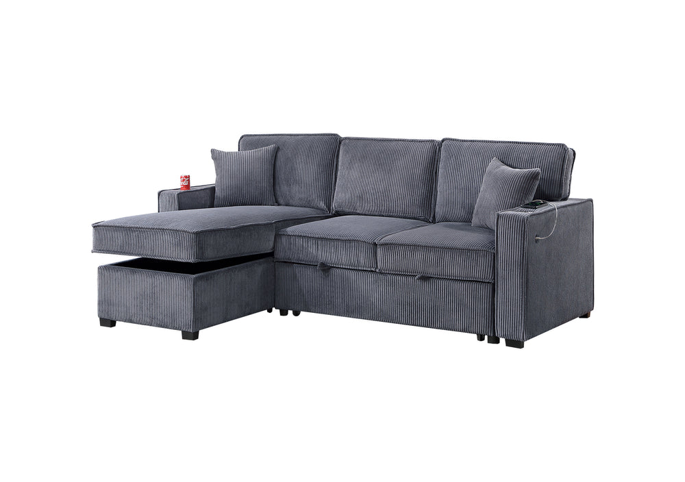 English Elm Convertible Corduroy Sectional Sofa with Reversible Chaise, Hidden Storage, USB Port & Pull-Out Bed Dark Gray 60 L x 30 W x 19 H B011S01243
