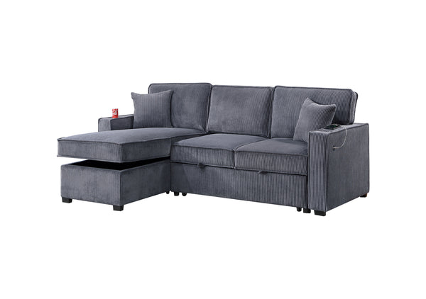 English Elm Convertible Corduroy Sectional Sofa with Reversible Chaise, Hidden Storage, USB Port & Pull-Out Bed Dark Gray 60 L x 30 W x 19 H B011S01243