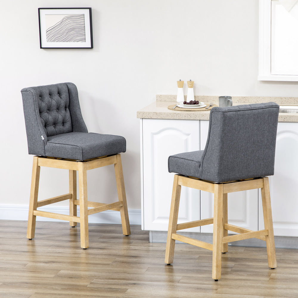 English Elm Homcom Vintage-Style Bar Stools Set Of 2, 30" Swivel Seating With Button Tufting & Rubberwood Base W2225P217138