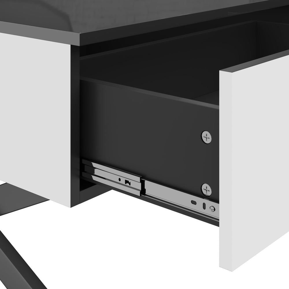 English Elm Rectangular Mirrored Coffee Table 47.3″ with Black High-Gloss Top, Metal Base & 2 Drawers Storage N735P350387B