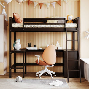 English Elm Twin Loft Bed with Built-in Desk and Open Shelves Solid Pine Kids Study Sleep Espresso LT001537AAP-1