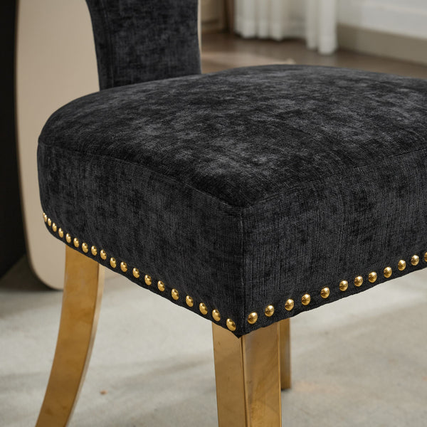 English Elm Mid Mid Century Modern Dining Chair Set with Curved Copper-Nail Backrest, High-Density Foam Seat, Brushed Stainless Legs Black W1143P314903