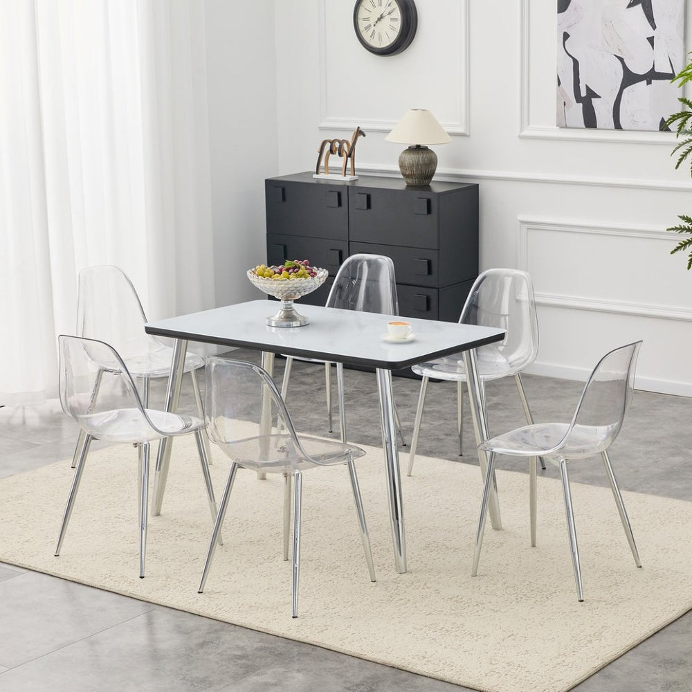 English Elm Table and Chair Set Marble Glass Top Six Transparent Seats Silver Legs Dining W1151S04649