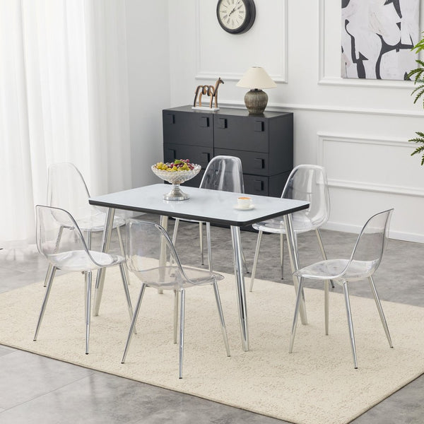 English Elm Table and Chair Set Marble Glass Top Six Transparent Seats Silver Legs Dining W1151S04649