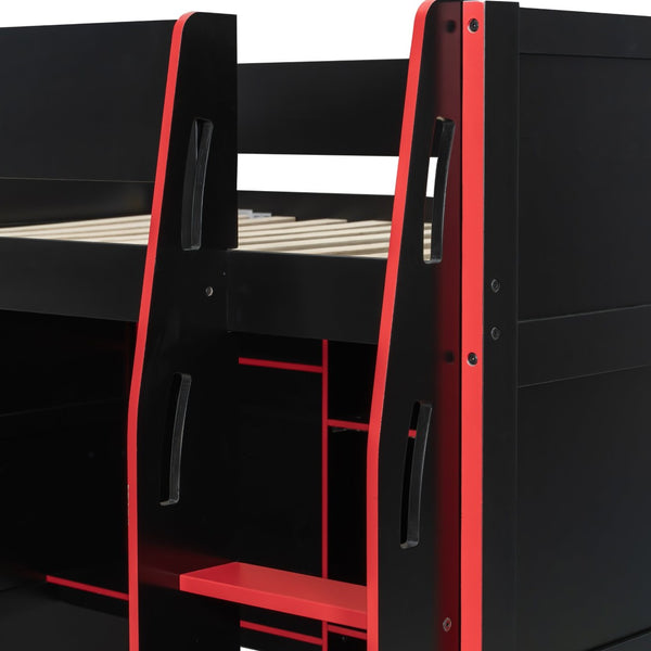 English Elm Full Size Loft Bed with Rgb Lighting Desk Open Wardrobe and Storage for Gaming Rooms Red LT000277AAR
