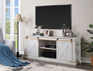 English Elm Antique Rustic Farmhouse TV Console 72"W with Sliding X-Panel Doors, Metal Accents & Open Shelves Antique White 77 L x 34 W x 9 H B2741P361924