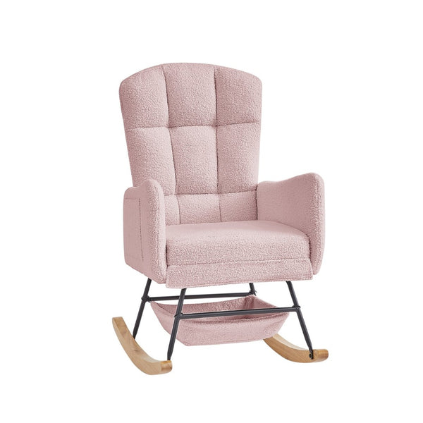 English Elm Beige Plush Teddy Fabric Rocking Chair High Back Armchair for Nursery or Reading Nook Pink W3985P386791