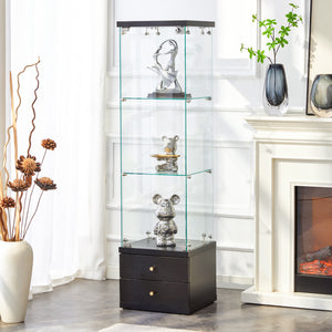 English Elm American-Style Tempered Glass Display Cabinet with Lock, Soft-Close Drawers, 3 Adjustable Shelves — 51x19x7 Ideal for Home Shows and Storage W2920P303684