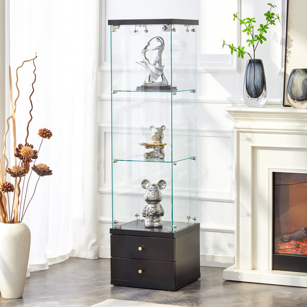 English Elm American-Style Tempered Glass Display Cabinet with Lock, Soft-Close Drawers, 3 Adjustable Shelves — 51x19x7 Ideal for Home Shows and Storage W2920P303684