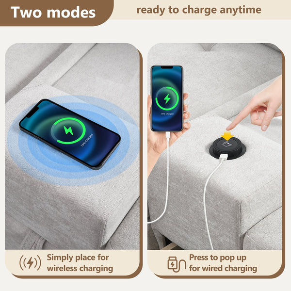 English Elm 104'' Sectional Sofa with Acrylic Table Top, Chenille Tufted U-Shaped Couch with Consoles, USB Charging, Storage Drawers and Ottoman for Living Room, Apartment Light Gray N723S0191K