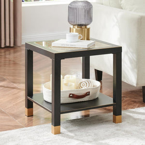 English Elm Glass Two Tier Square Side Table with Gold Mesh Tempered Top and Black Metal Frame Black+Gold W3587P456317