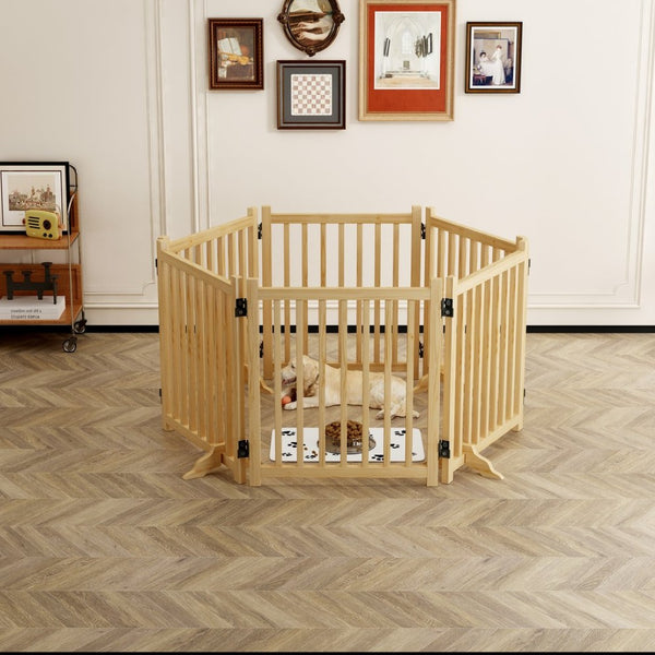 English Elm (6 Panel) Freestanding Wood Pet Gate Accordion Folding Indoor Dog Fence 31 Inch W2641P336052