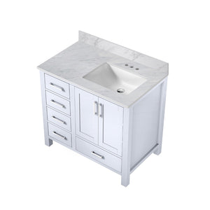 English Elm White Bath Vanity 36" W X 22" D With Right Offset Sink, Elegant Carrara Marble Top & Storage Solutions B2731P258809-GIGA