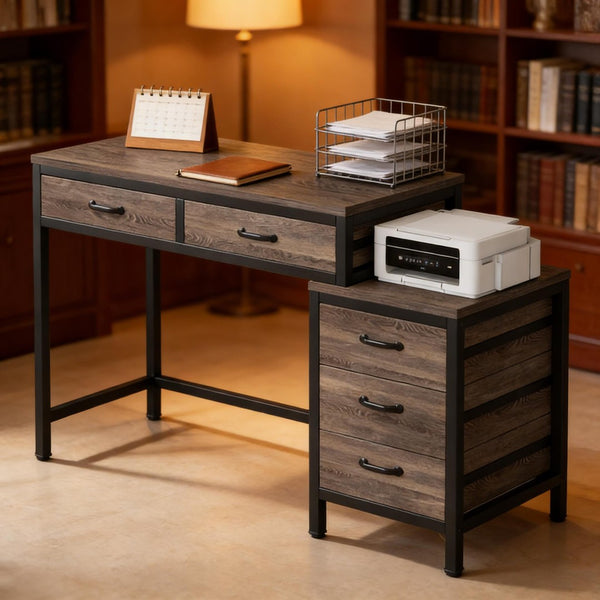 English Elm Office Writing Desk with 5 Drawers Industrial Wood and Black Metal Frame T3971P450665
