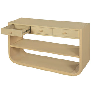 English Elm [video] Sculptural Console Table Pine Wood Curved Legs Soft-close Drawers Open Shelving Entryway Natural N759P433560N