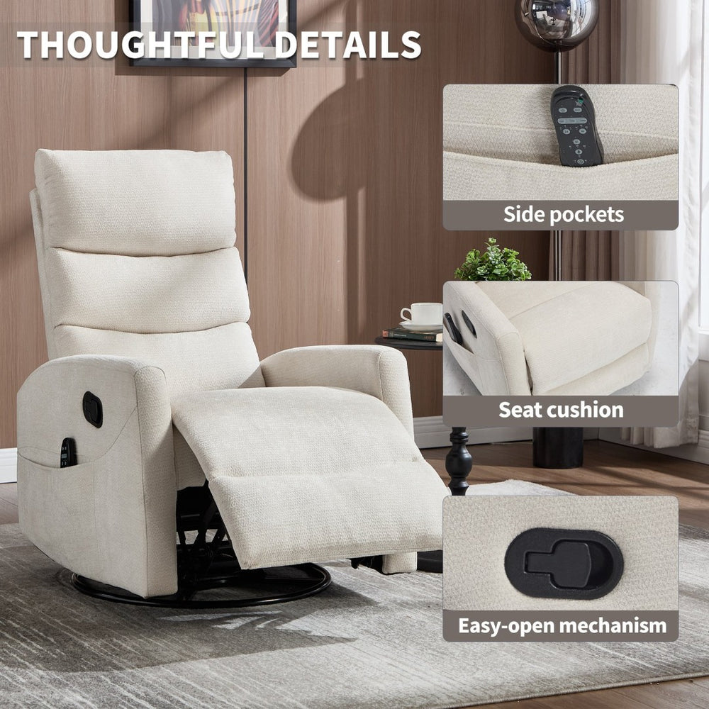 English Elm Heat Massage Swivel Rocker Recliner with Lumbar Nodes and Fabric Upholstery W3224P357559