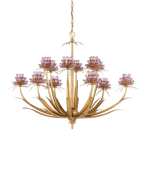 Currey & Company Marilee Medium Chandelier - Elegant Floral Design With Dutch Gold Leaf Finish & Crystal Accents Pink Crystal ,Wrought Iron 9000-1307-currey-company