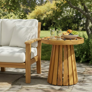 English Elm Outdoor Solid Acacia Hardwood Round Side Table for Patio Lounge and Living Spaces N772P378684T
