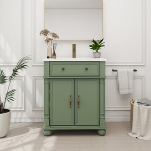 English Elm 27.8" Mid-century Freestanding Bathroom Vanity with Ceramic Sink Drawer and Wood Base Green W1801S00007