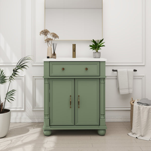 English Elm 27.8" Mid-century Freestanding Bathroom Vanity with Ceramic Sink Drawer and Wood Base Green W1801S00007
