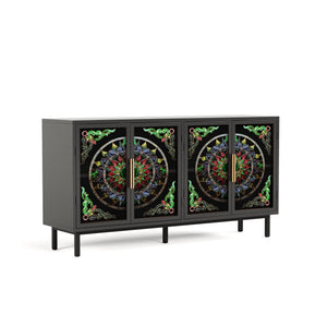 English Elm 60.3 Decorative Cabinet with Stained Glass Doors, Black Metal Frame Buffet for Entry Living Dining W2263P373331