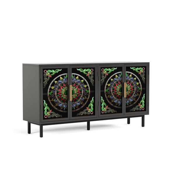 English Elm 60.3 Decorative Cabinet with Stained Glass Doors, Black Metal Frame Buffet for Entry Living Dining W2263P373331