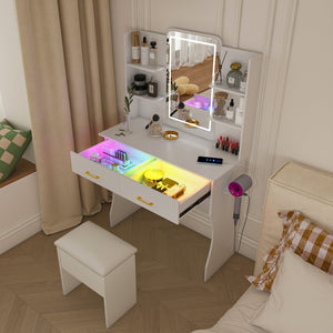 English Elm Vanity LED RGB Dressing Table with Power Outlets, Large Storage Drawers, 3 Light Modes & Stool W509P297013
