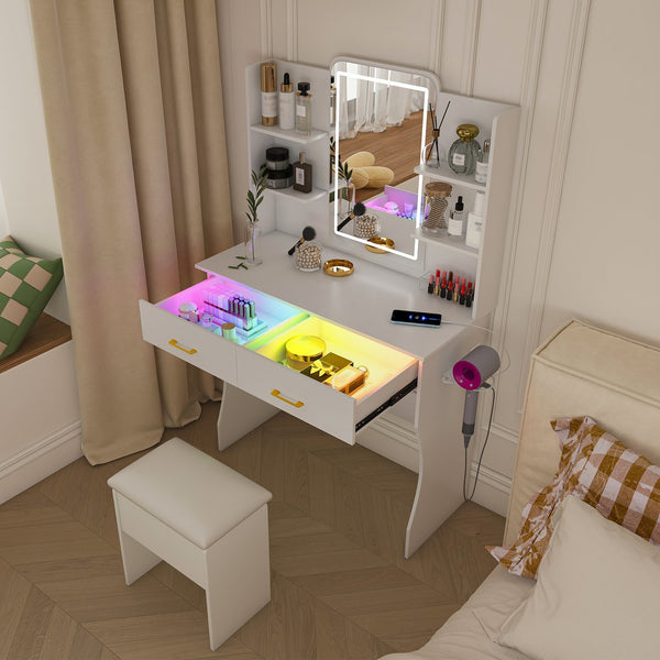 English Elm Vanity LED RGB Dressing Table with Power Outlets, Large Storage Drawers, 3 Light Modes & Stool W509P297013
