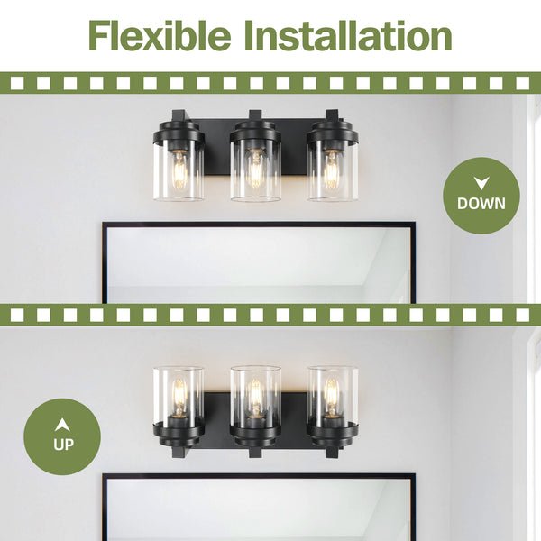 English Elm 3 Light Matte Black Vanity Light with Clear Glass Shades, Farmhouse Waterproof LED Fixture for Bathroom Hallway Vanity Mirror W2312P389977