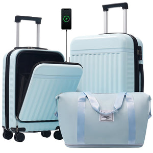 English Elm Front Access Hardside 3 Piece Travel Set with Usb Port Spinner Wheels and Tsa Lock Light Blue N732P326130N