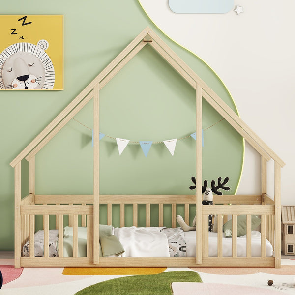 English Elm Twin Wood House-Shaped Floor Bed with Fence and Guardrails – Playful Pine Frame for Imaginative Kids Retreat Natural W504P143291
